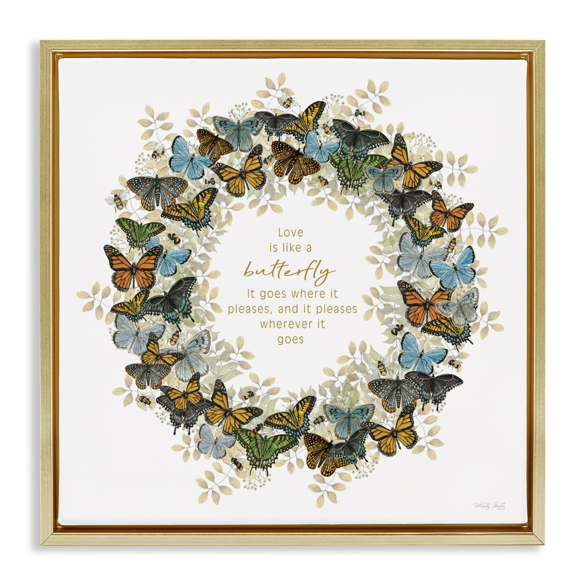 Stupell Industries Life Is Like A Butterfly Wreath Gold Framed Floater Canvas Wall Art, design by Cindy Jacobs