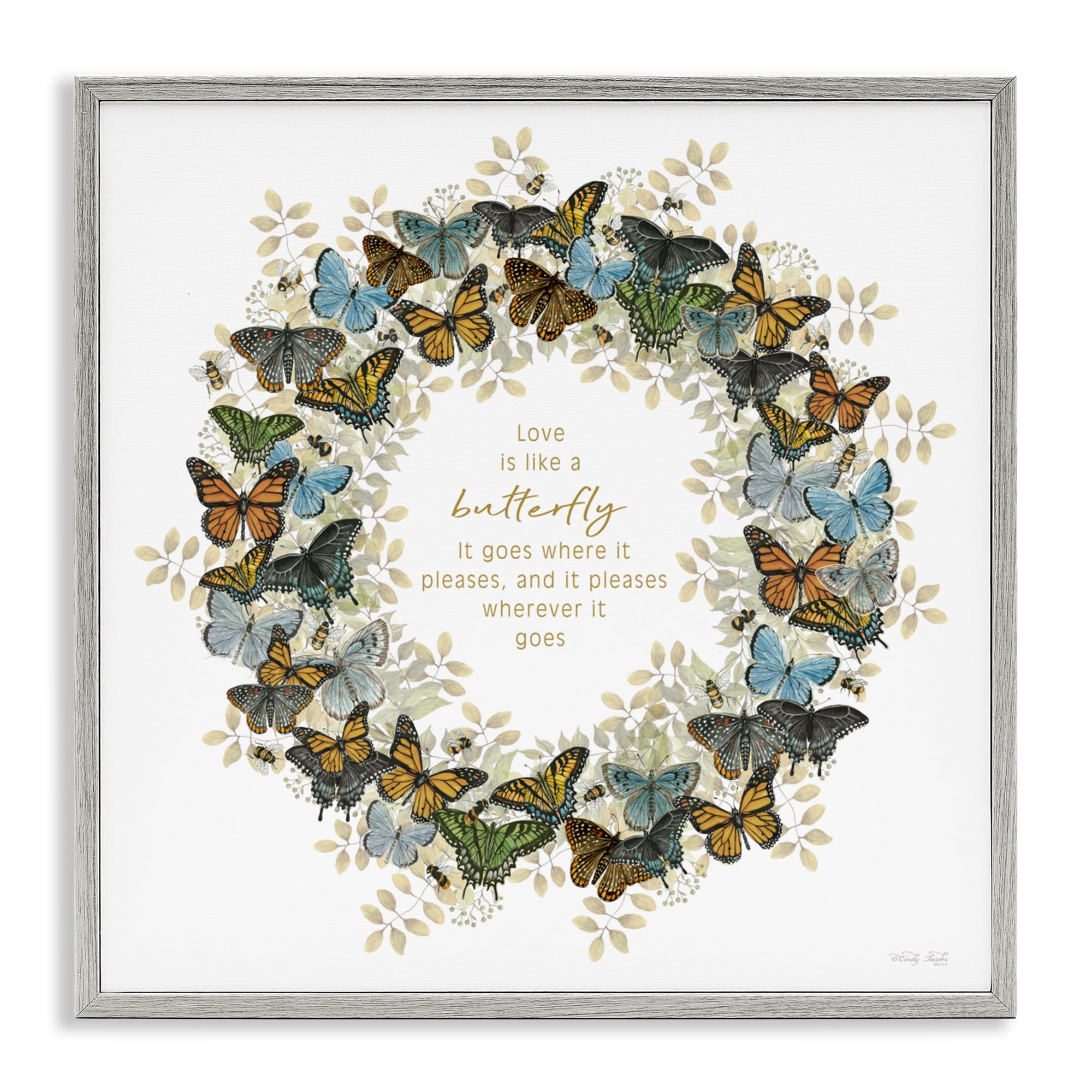 Stupell Industries Life Is Like A Butterfly Wreath Gray Framed Giclee Art, design by Cindy Jacobs