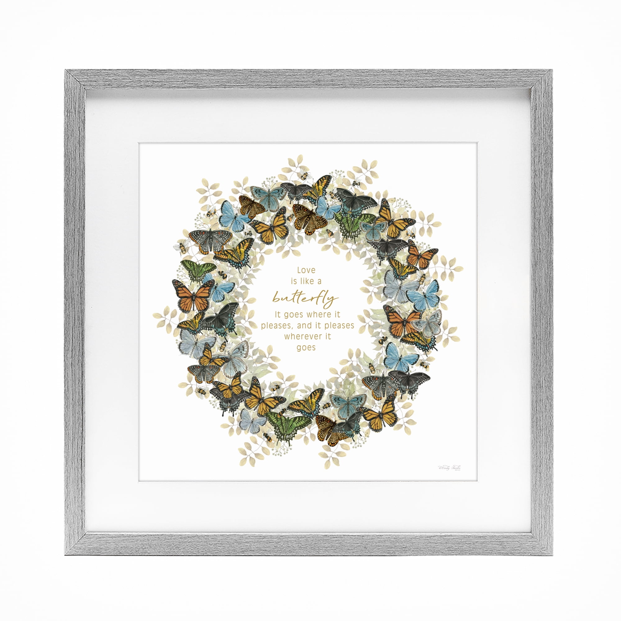 Stupell Industries Life Is Like A Butterfly Wreath Gray Framed Print Under Glass, design by Cindy Jacobs