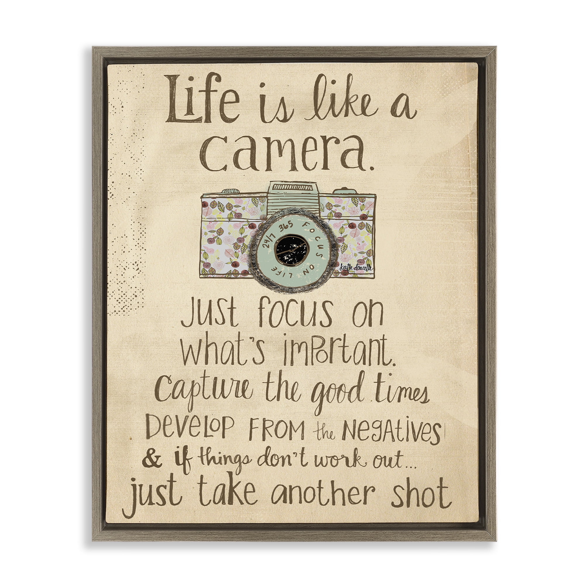 Stupell Industries Life Is Like A Camera Inspirational Inspirational Painting Brown Floater Framed Canvas Art Print Wall Art, 25 x 31