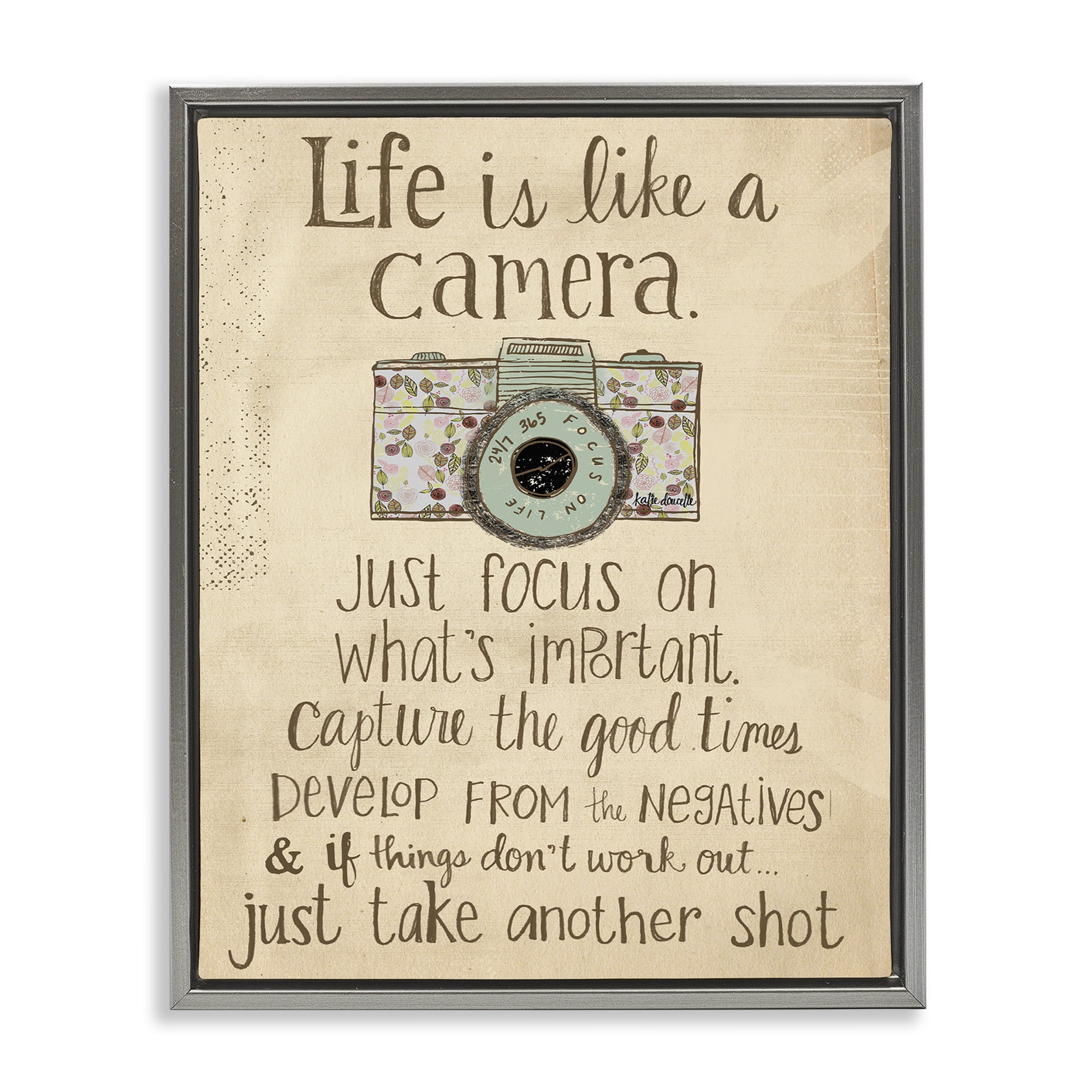 Stupell Industries Life Is Like A Camera Inspirational Jet Black Framed Floating Canvas Wall Art, 16x20, by Katie Doucette