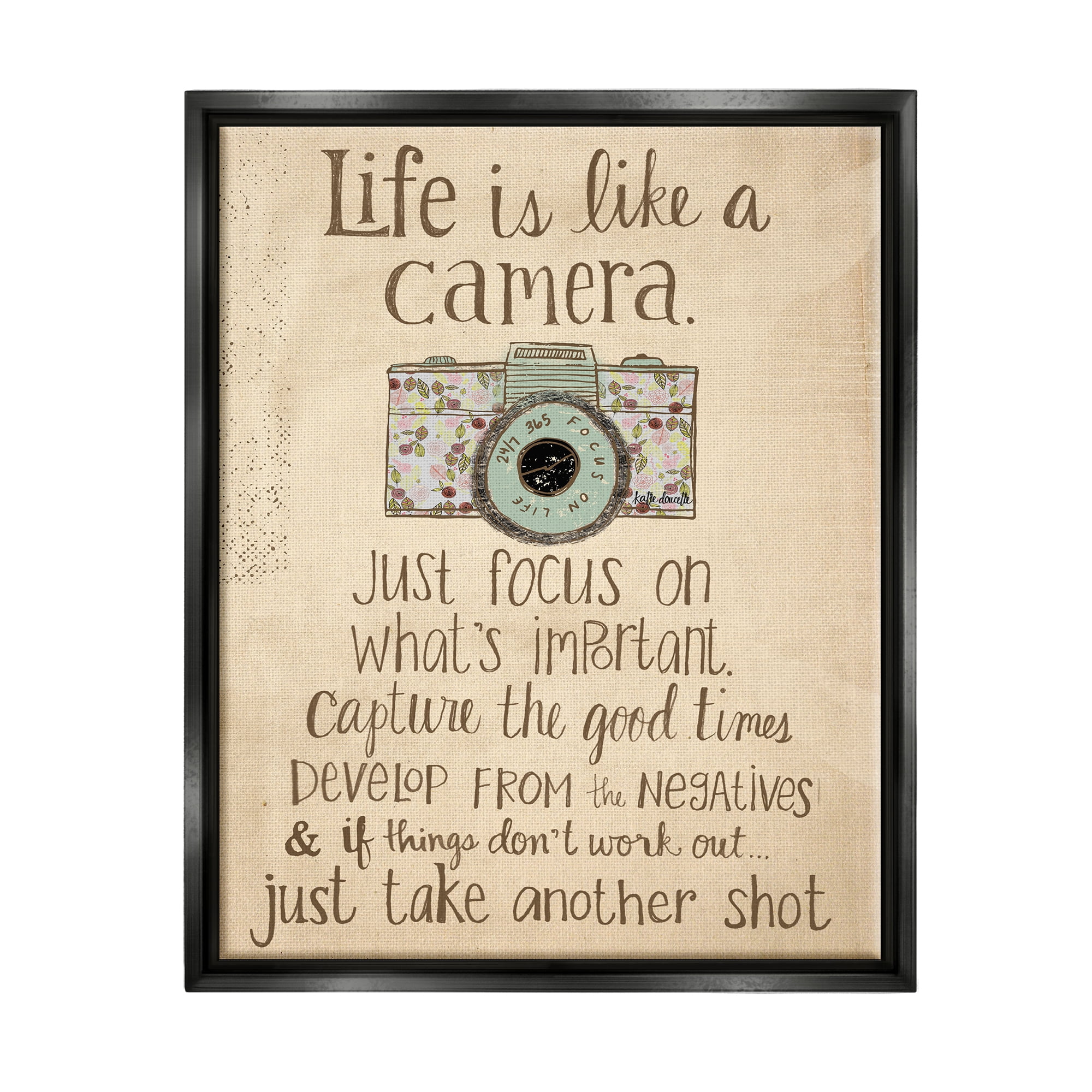 Stupell Industries Life Is Like A Camera Inspirational Jet Black Framed Floating Canvas Wall Art, 24x30, by Katie Doucette