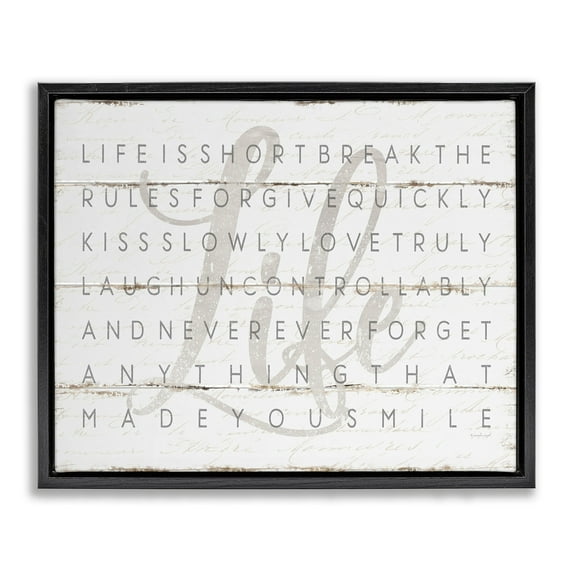 Stupell Industries Life Is Short Smile Grey on White Planked Look Jet Black Framed Floating Canvas Wall Art, 16x20, by Jennifer Pugh
