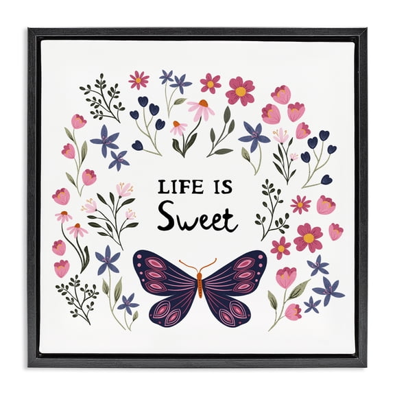 Stupell Industries Life Is Sweet Floral Butterfly Black Framed Floater Canvas Wall Art design by JJ Design House LLC, 18 x 18