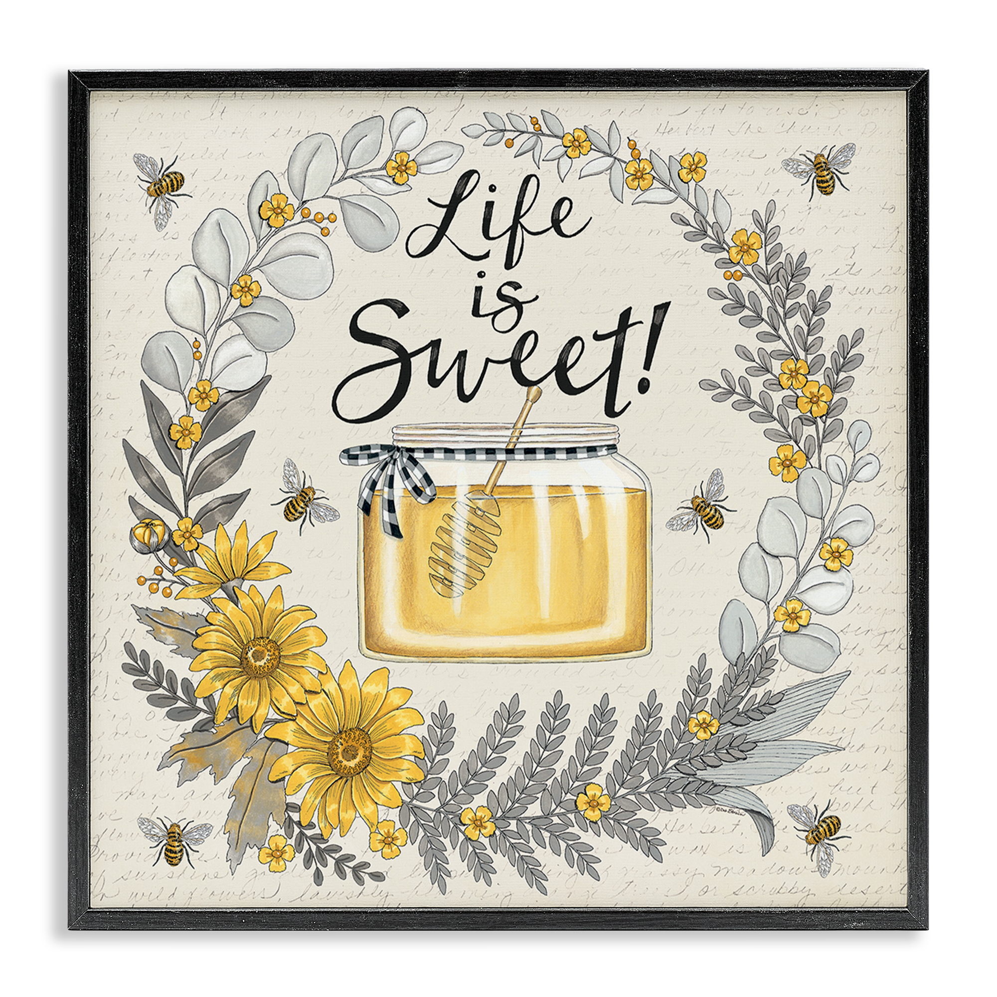 Stupell Industries Life Is Sweet Wreath Plants & Flowers Painting Black Framed Art Print Wall Art, 24 x 24