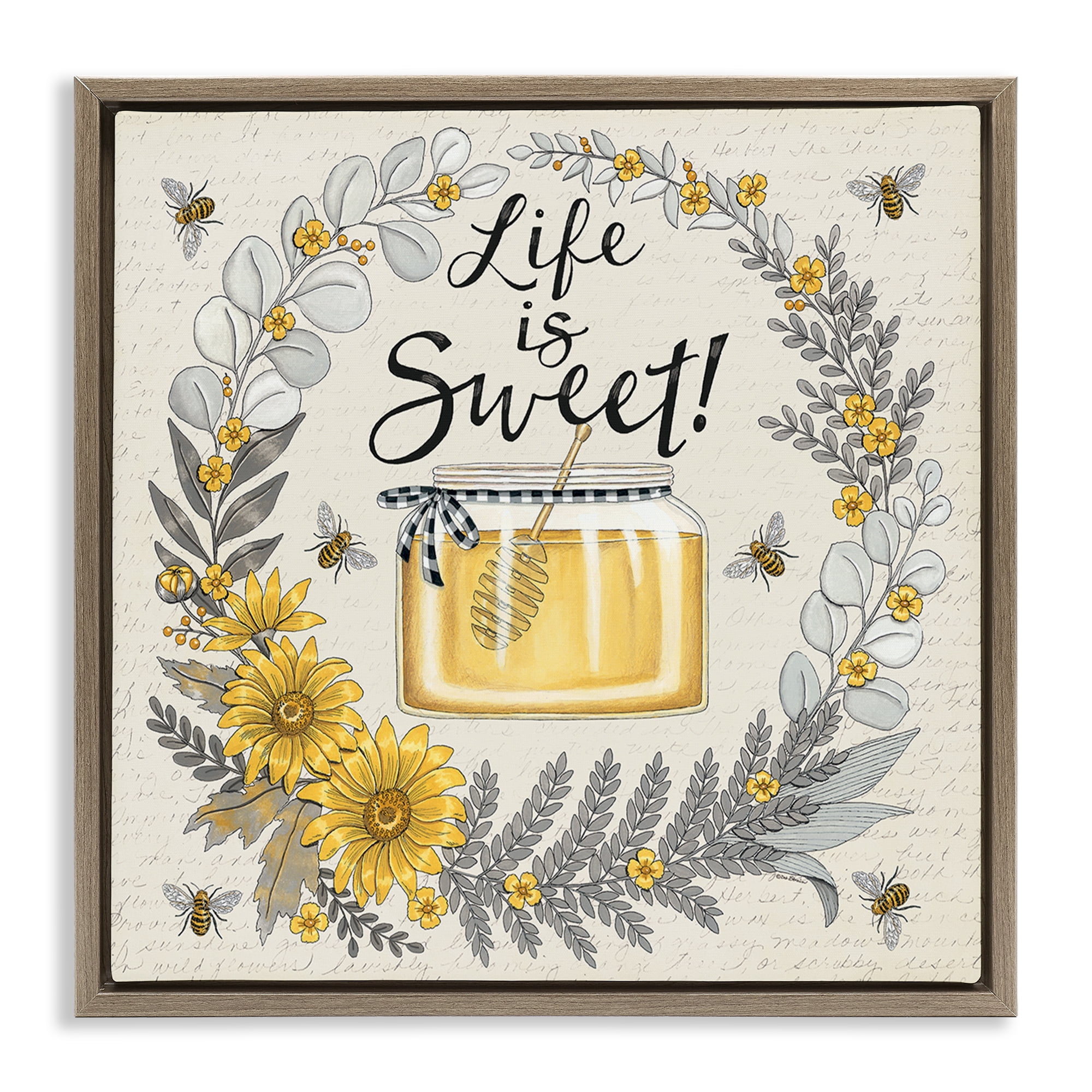 Stupell Industries Life Is Sweet Wreath Plants & Flowers Painting Brown Floater Framed Canvas Art Print Wall Art, 18 x 18
