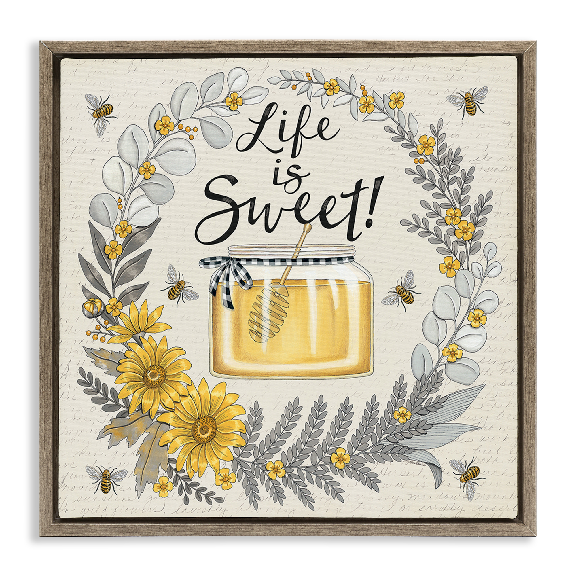 Stupell Industries Life Is Sweet Wreath Plants & Flowers Painting Brown Floater Framed Canvas Art Print Wall Art, 25 x 25