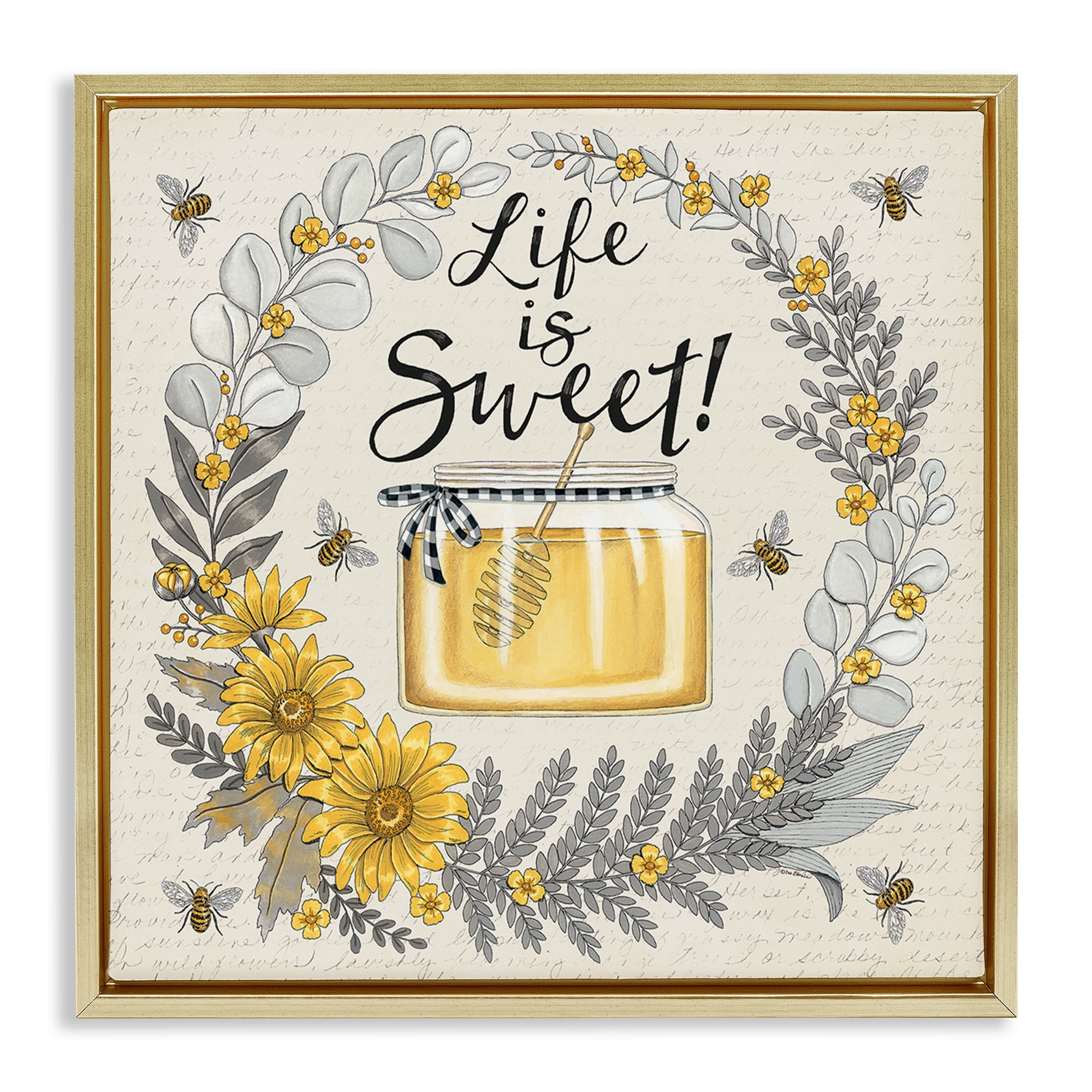 Stupell Industries Life Is Sweet Wreath Plants & Flowers Painting Gold Floater Framed Canvas Art Print Wall Art, 18 x 18