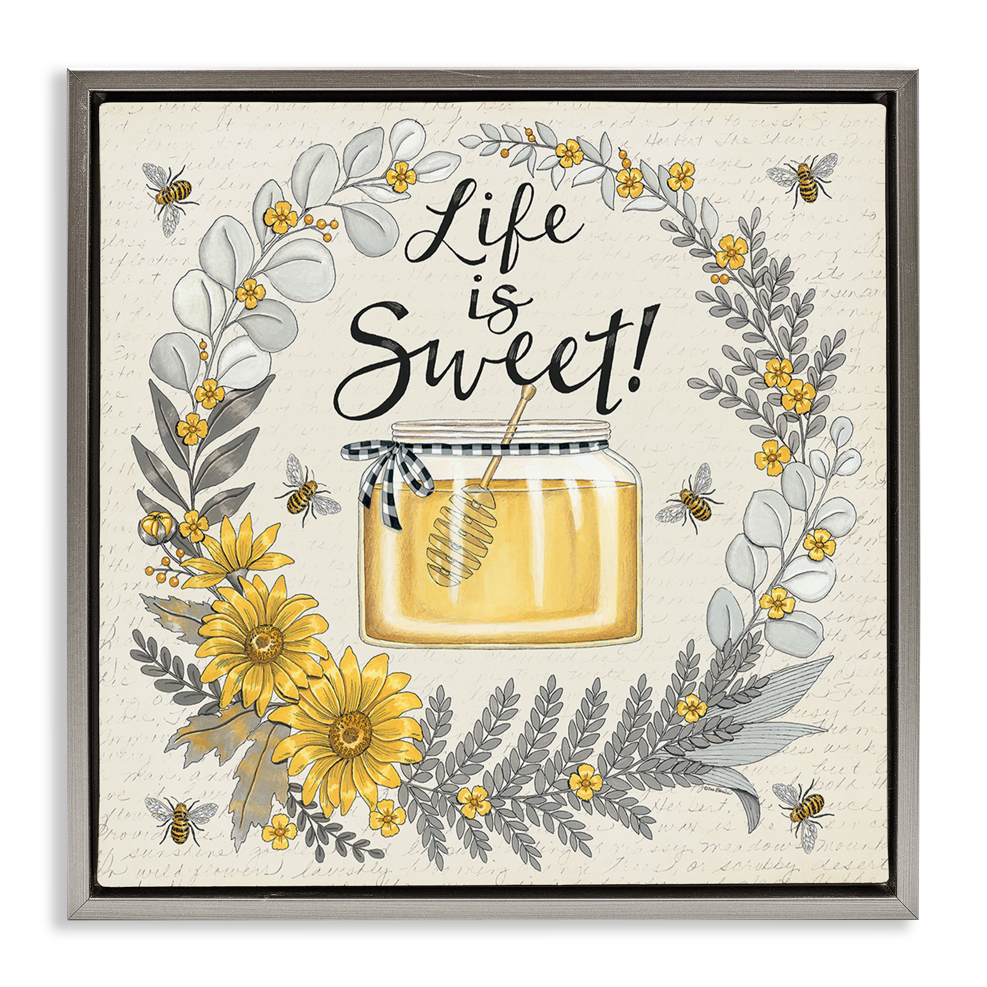 Stupell Industries Life Is Sweet Wreath Plants & Flowers Painting Gray Floater Framed Canvas Art Print Wall Art, 25 x 25