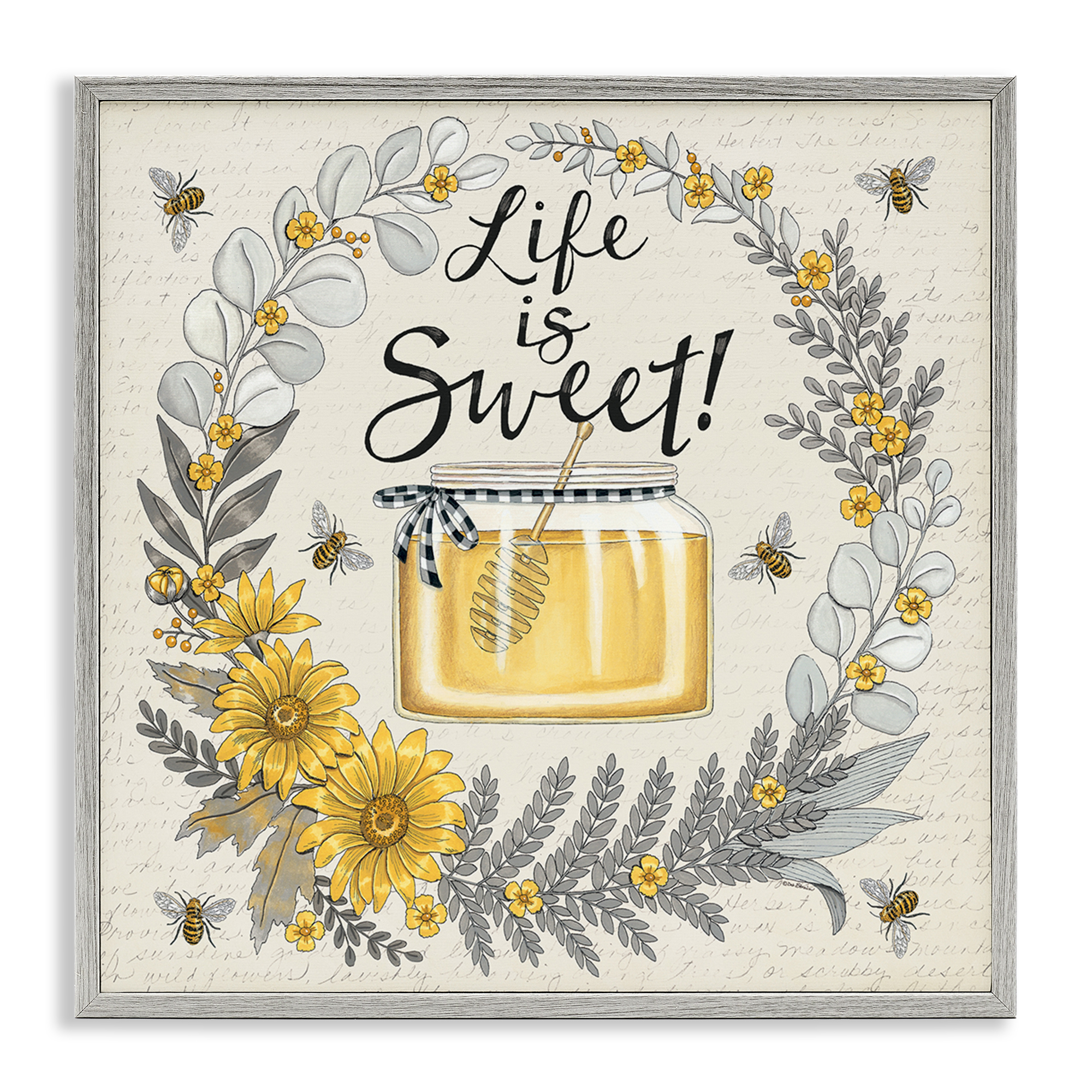 Stupell Industries Life Is Sweet Wreath Plants & Flowers Painting Gray Framed Art Print Wall Art, 12 x 12