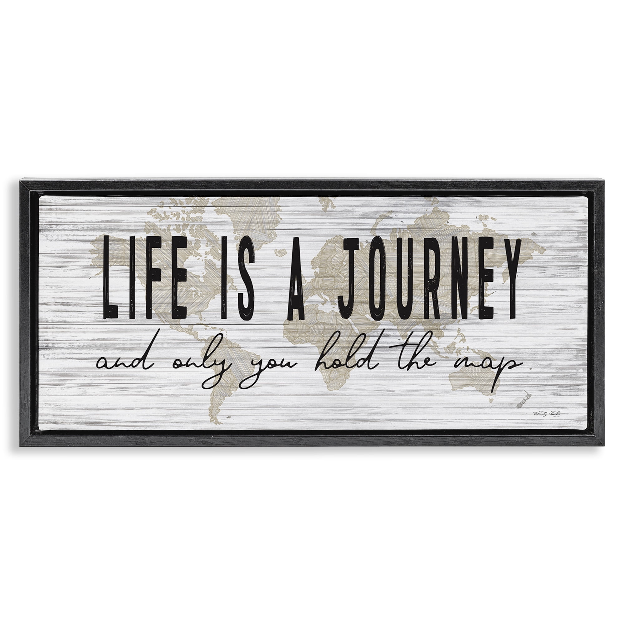 Stupell Industries Life Is a Journey Rustic World Map Inspirational Painting Black Floater Framed Canvas Art Print Wall Art, 31 x 14