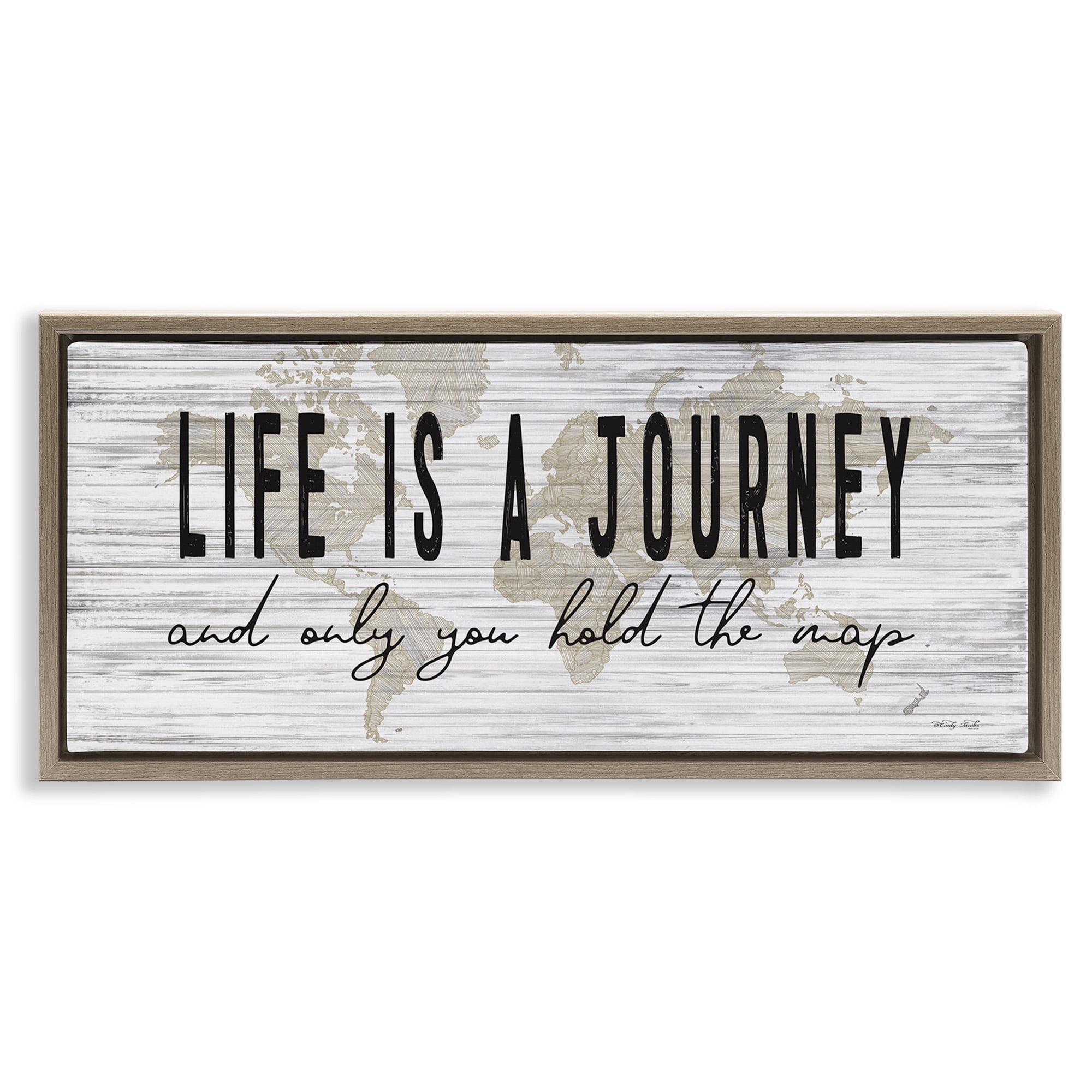 Stupell Industries Life Is a Journey Rustic World Map Inspirational Painting Brown Floater Framed Canvas Art Print Wall Art, 31 x 14
