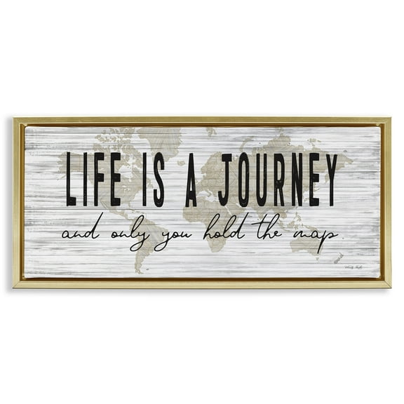 Stupell Industries Life Is a Journey Rustic World Map Inspirational Painting Gold Floater Framed Canvas Art Print Wall Art, 25 x 11