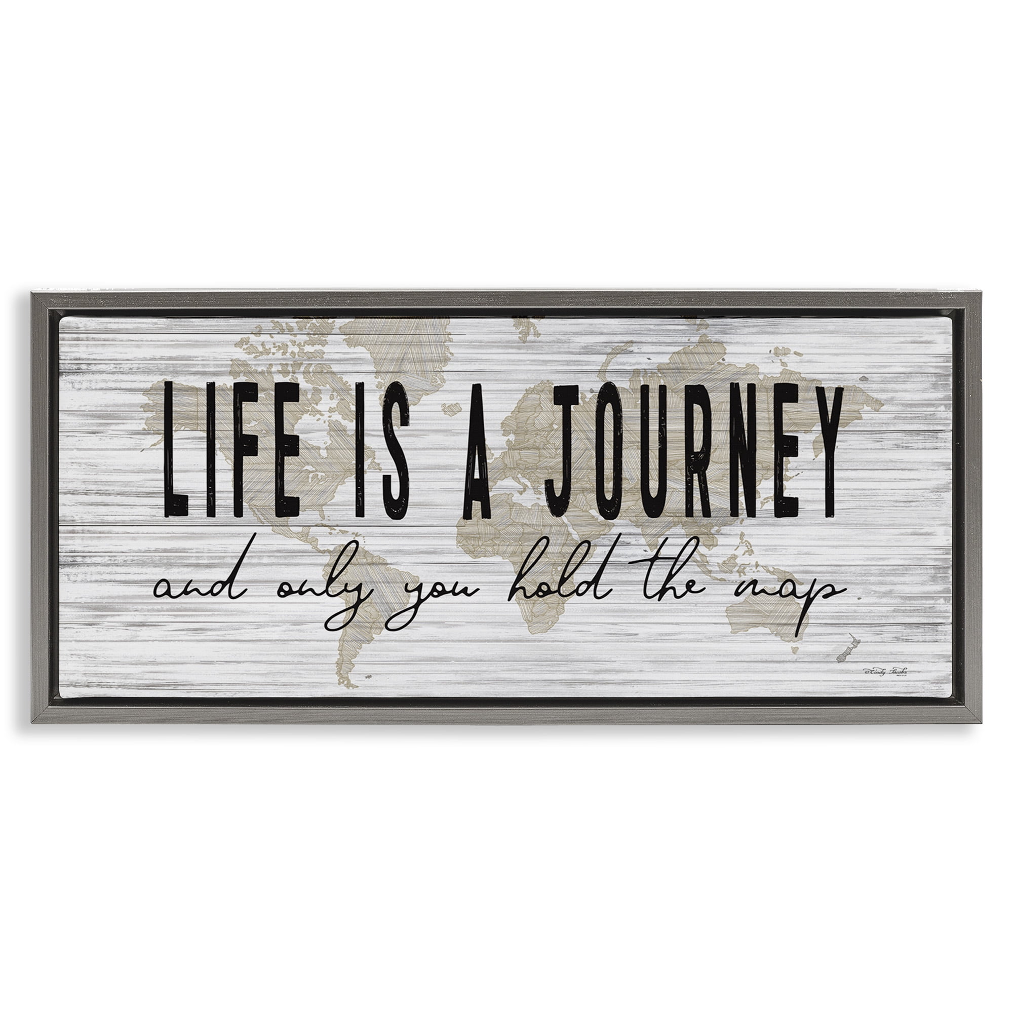 Stupell Industries Life Is a Journey Rustic World Map Inspirational Painting Gray Floater Framed Canvas Art Print Wall Art, 25 x 11