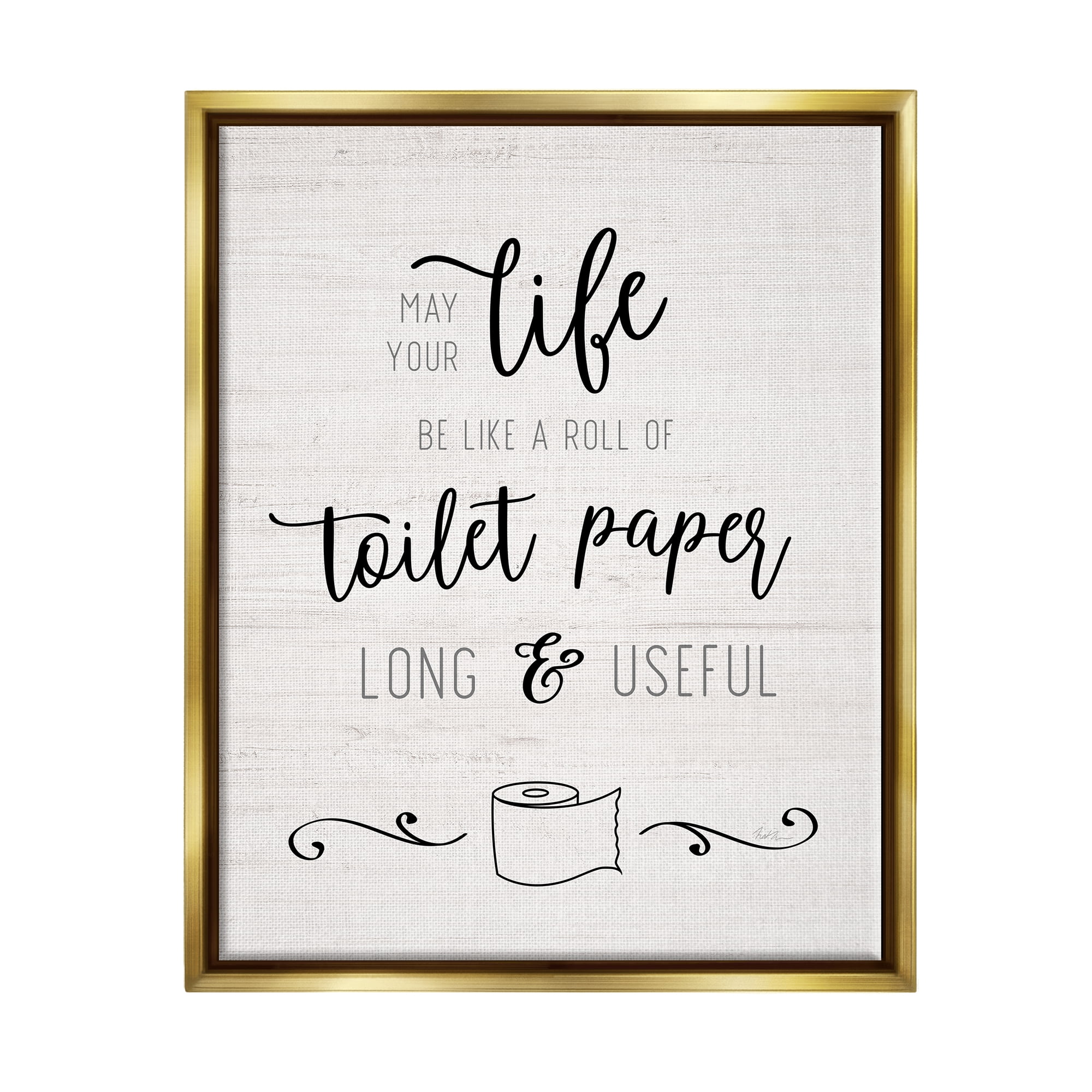 Stupell Industries Life Like Toilet Paper Roll Long and Useful Phrase Metallic Gold Framed Floating Canvas Wall Art, 16x20, by Natalie Carpentieri