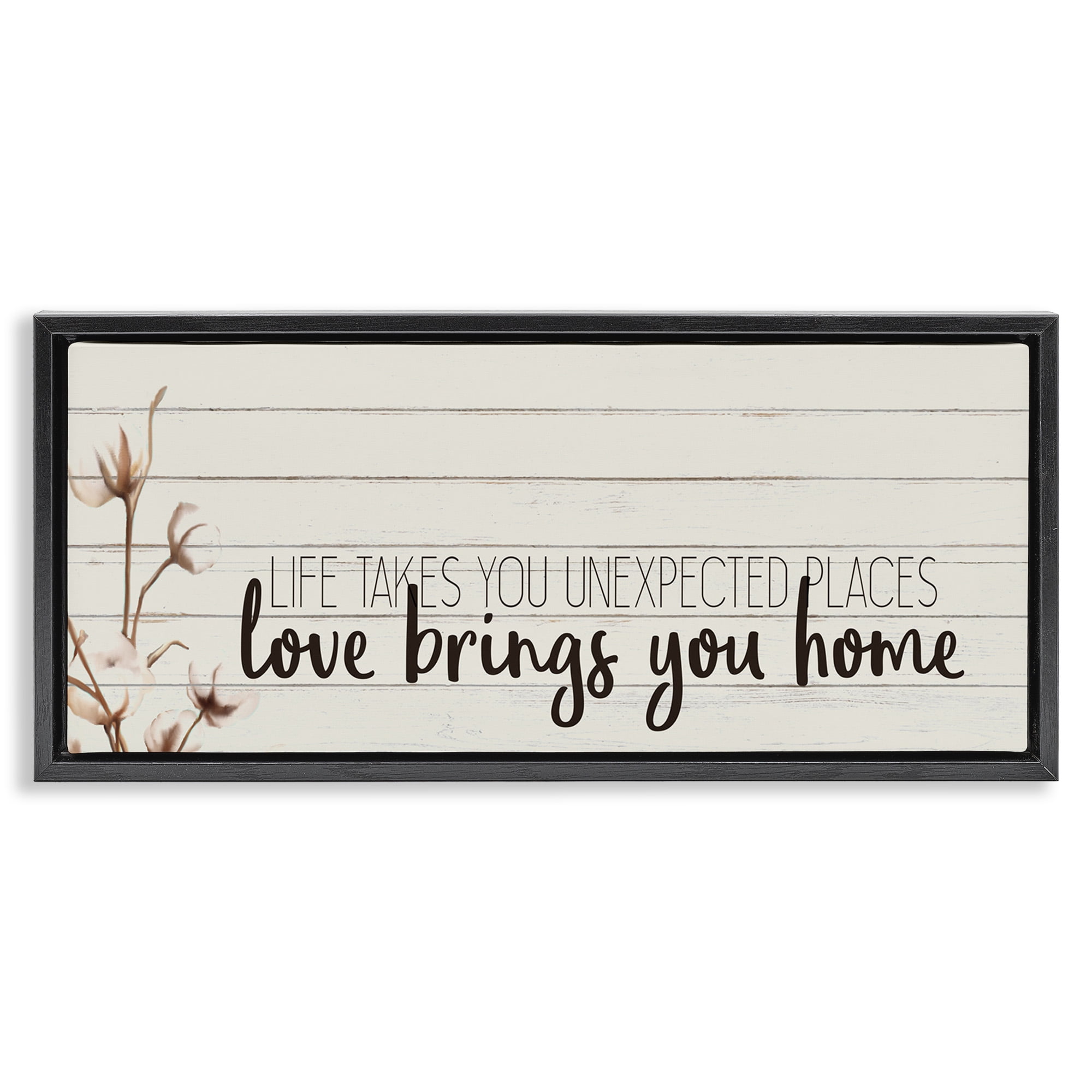 Stupell Industries Life Unexpected Places Phrase Inspirational Painting Black Floater Framed Canvas Art Print Wall Art, 25 x 11