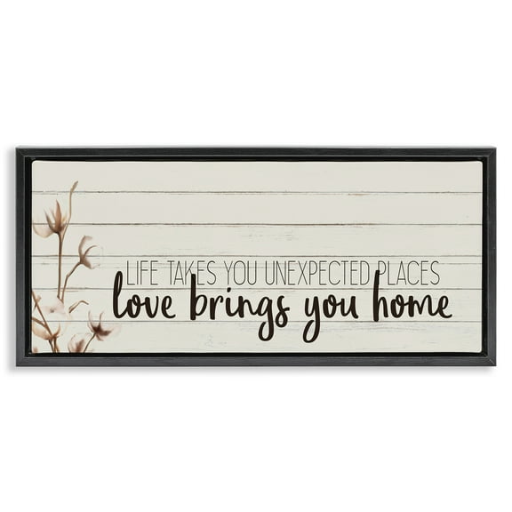 Stupell Industries Life Unexpected Places Phrase Inspirational Painting Black Floater Framed Canvas Art Print Wall Art, 25 x 11