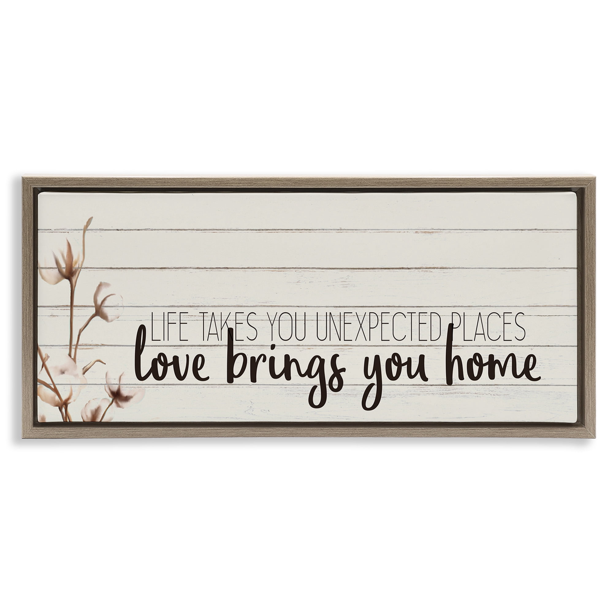 Stupell Industries Life Unexpected Places Phrase Inspirational Painting Brown Floater Framed Canvas Art Print Wall Art, 25 x 11