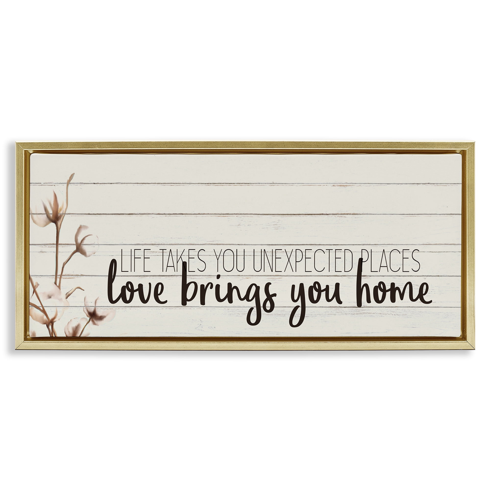 Stupell Industries Life Unexpected Places Phrase Inspirational Painting Gold Floater Framed Canvas Art Print Wall Art, 25 x 11