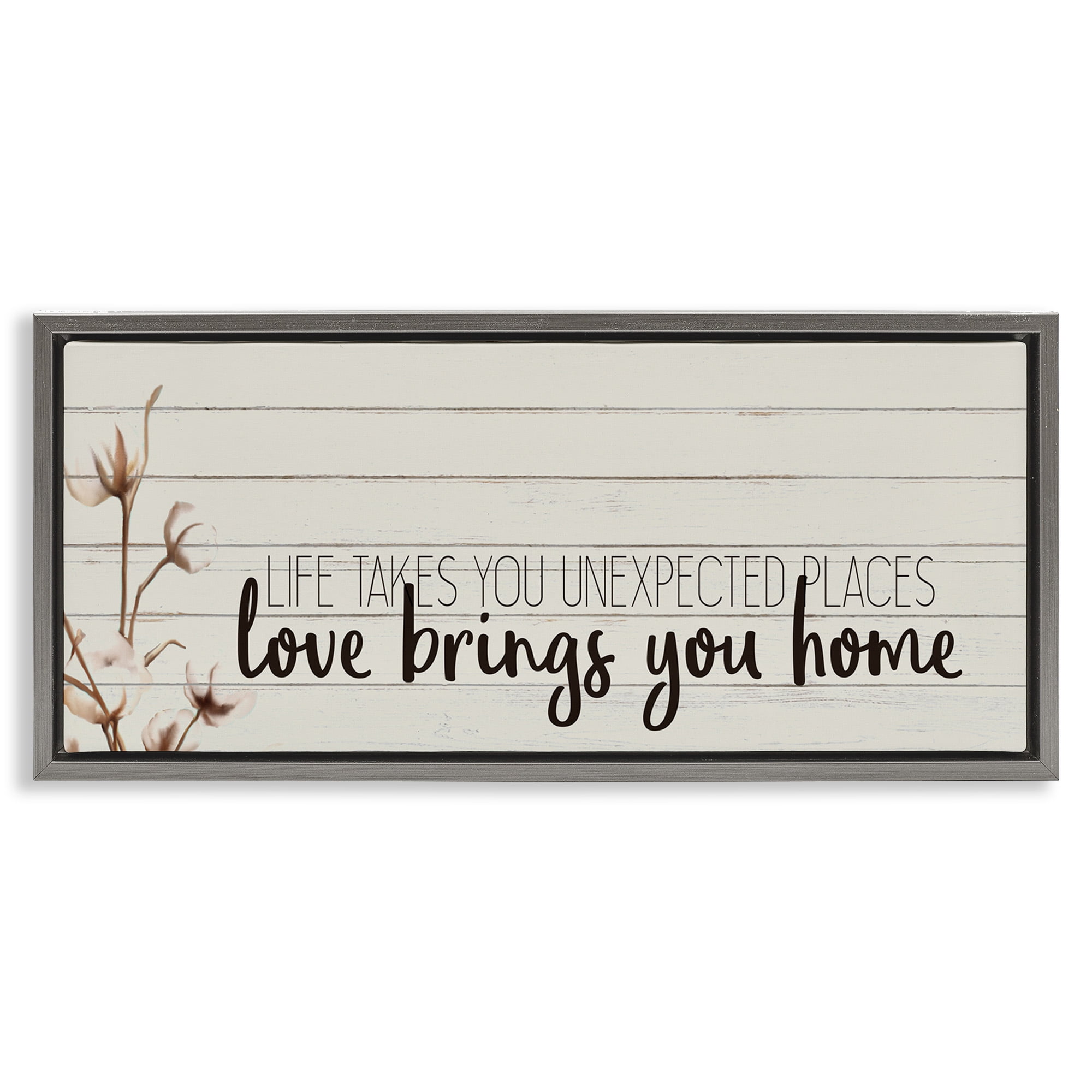 Stupell Industries Life Unexpected Places Phrase Inspirational Painting Gray Floater Framed Canvas Art Print Wall Art, 31 x 14