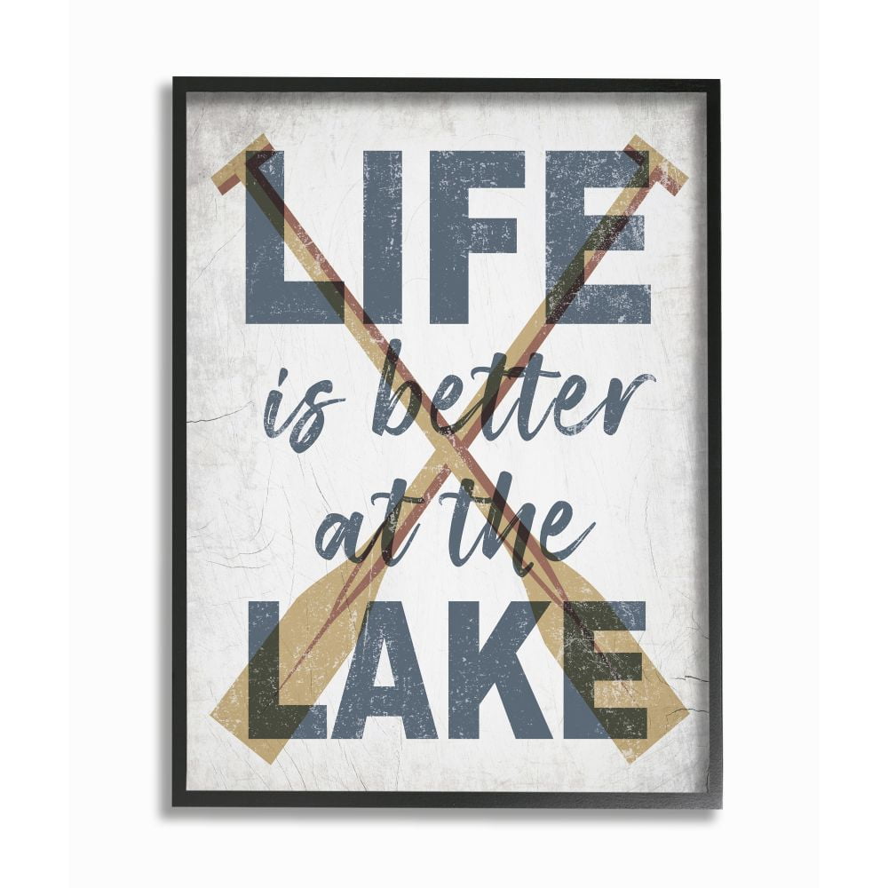 Stupell Industries Life is Better at the Lake Quote Rustic Distressed Text Framed Wall Art Design by Daphne Polselli, 11" x 14", Black Framed
