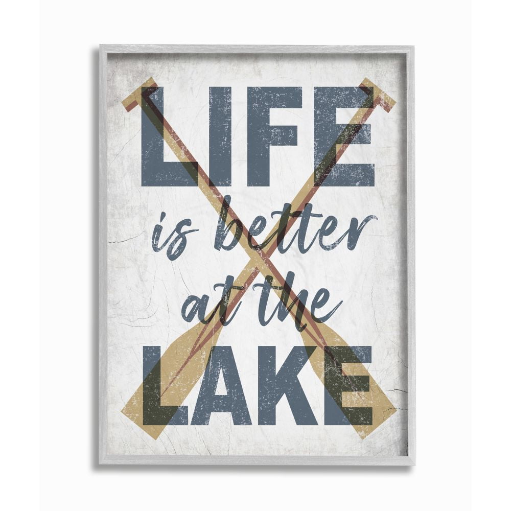 Stupell Industries Life is Better at the Lake Quote Rustic Distressed Text Framed Wall Art Design by Daphne Polselli, 11" x 14", Gray Framed