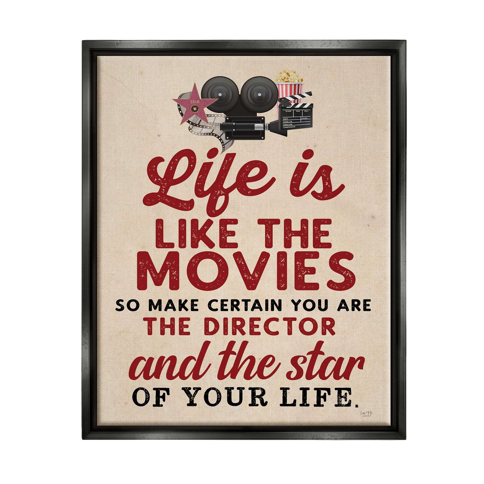 Stupell Industries Life is Like Movies Vintage Inspirational Painting Black Floater Framed Art Print Wall Art, 17 x 21