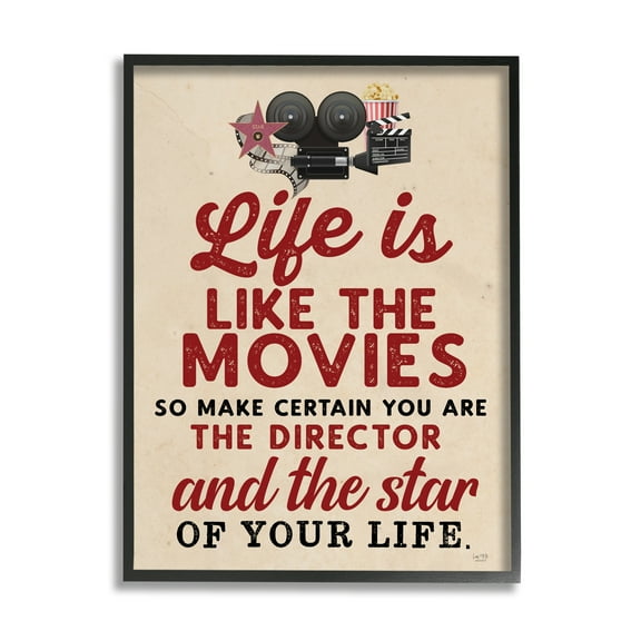 Stupell Industries Life is Like Movies Vintage Inspirational Painting Black Framed Art Print Wall Art, 11 x 14