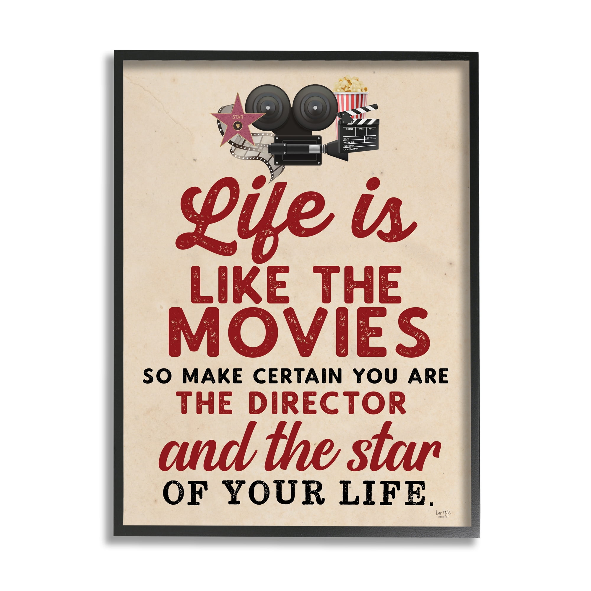 Stupell Industries Life is Like Movies Vintage Inspirational Painting Black Framed Art Print Wall Art, 16 x 20