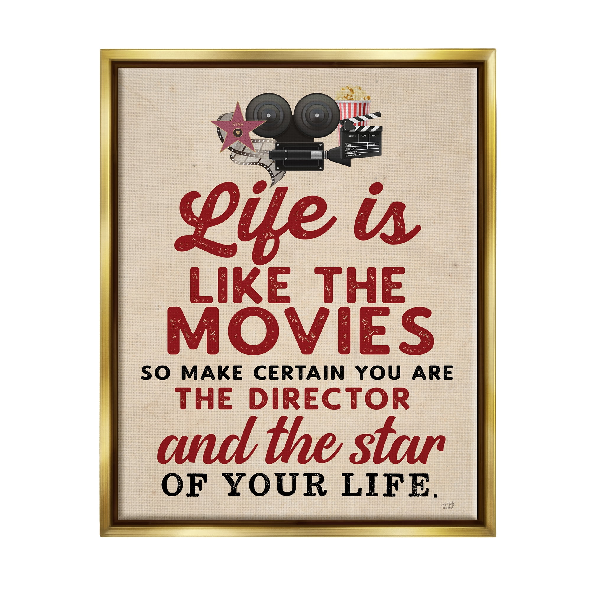 Stupell Industries Life is Like Movies Vintage Inspirational Painting Gold Floater Framed Art Print Wall Art, 17 x 21