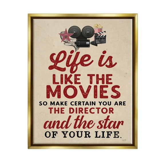 Stupell Industries Life is Like Movies Vintage Inspirational Painting Gold Floater Framed Art Print Wall Art, 25 x 31