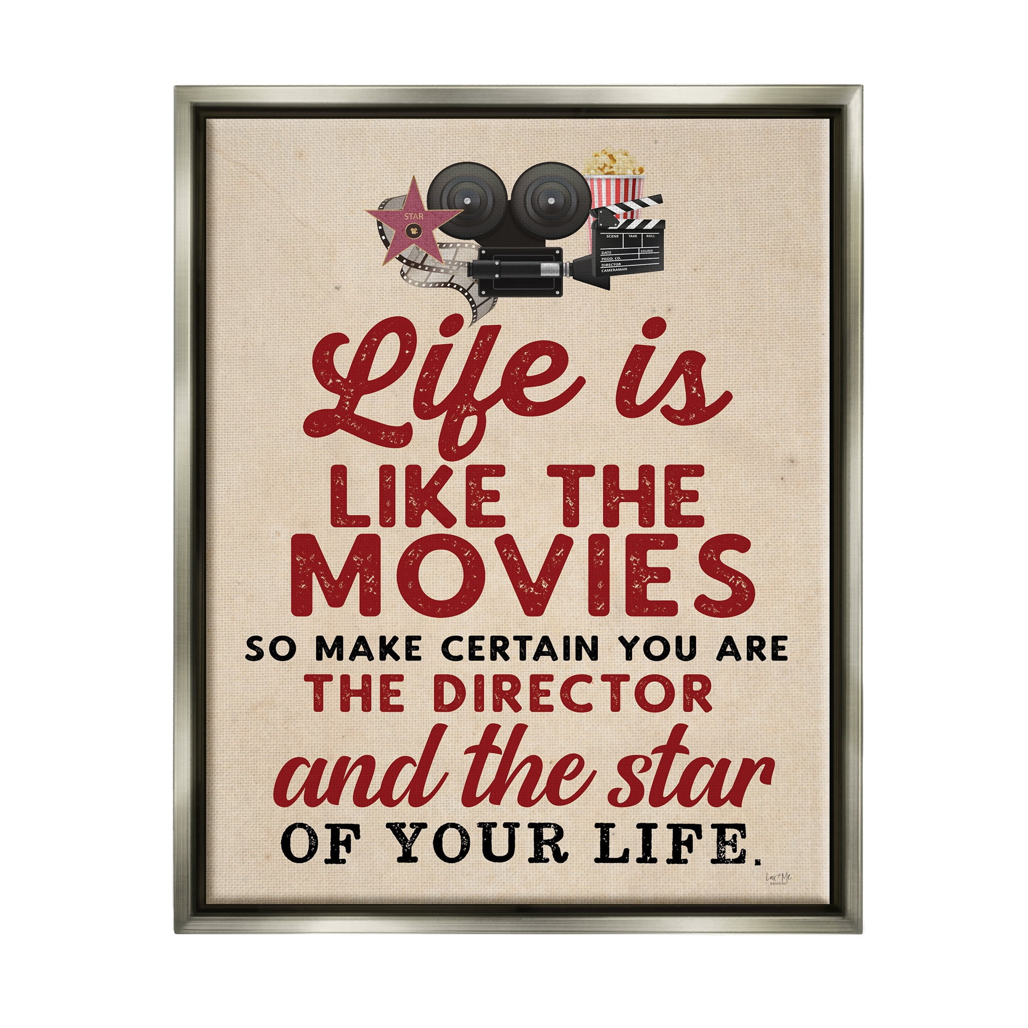 Stupell Industries Life is Like Movies Vintage Inspirational Painting Gray Floater Framed Art Print Wall Art, 17 x 21