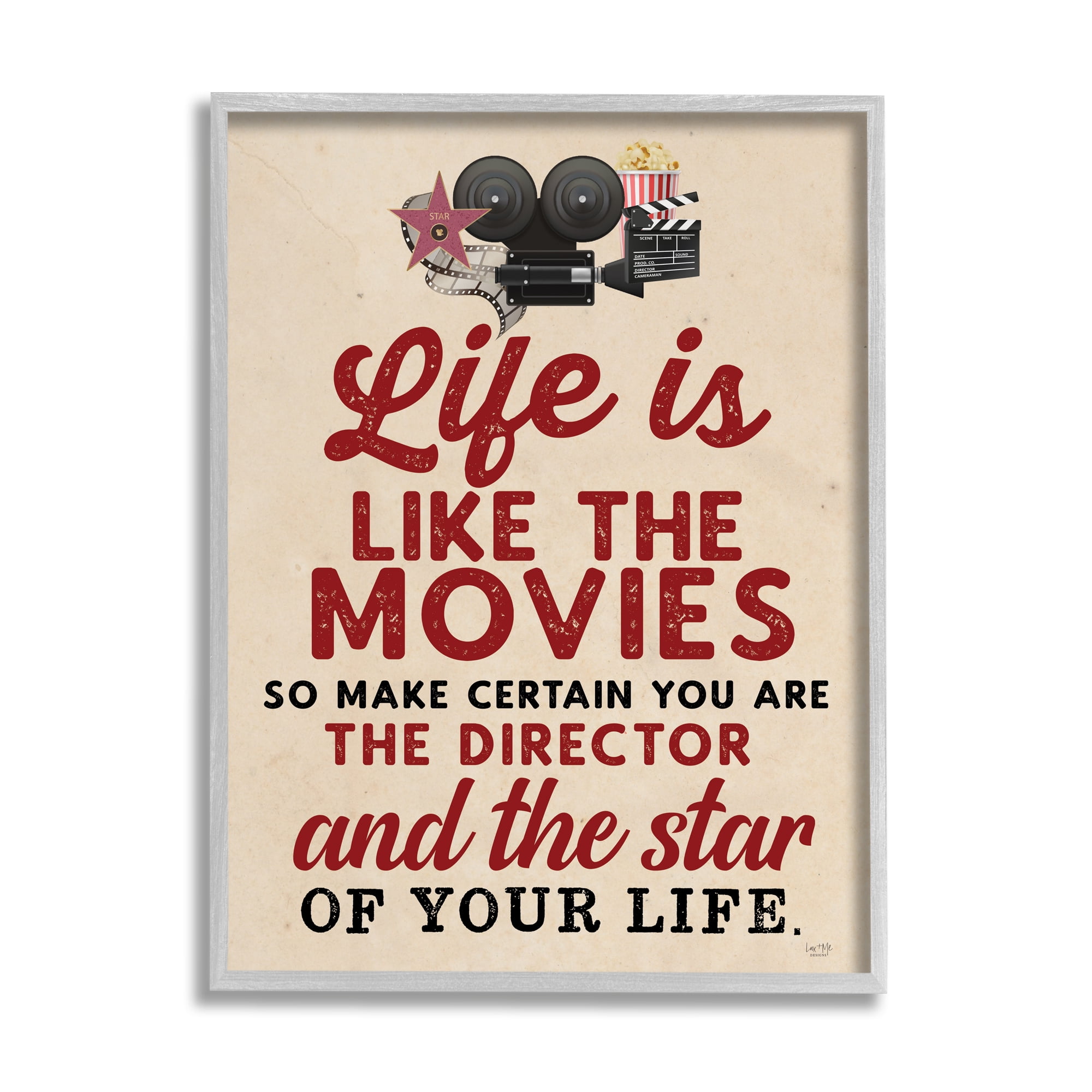 Stupell Industries Life is Like Movies Vintage Inspirational Painting Gray Framed Art Print Wall Art, 11 x 14