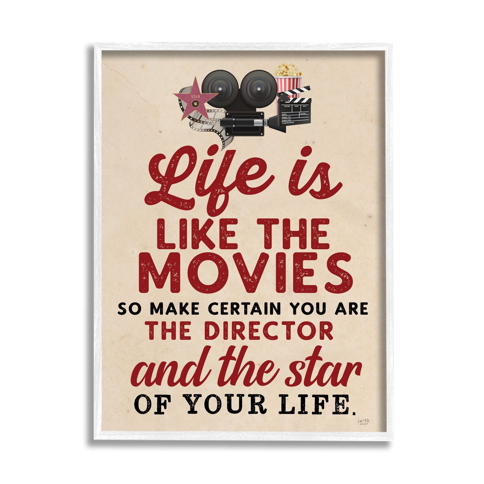 Stupell Industries Life is Like Movies Vintage Inspirational Painting White Framed Art Print Wall Art, 11 x 14