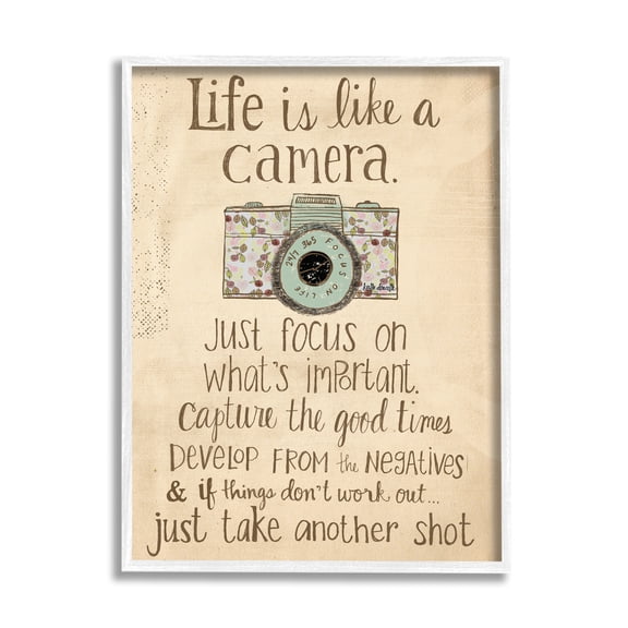 Stupell Industries Life is Like a Camera Inspirational Graphic Art White Framed Art Print Wall Art, 11x14, by Katie Doucette