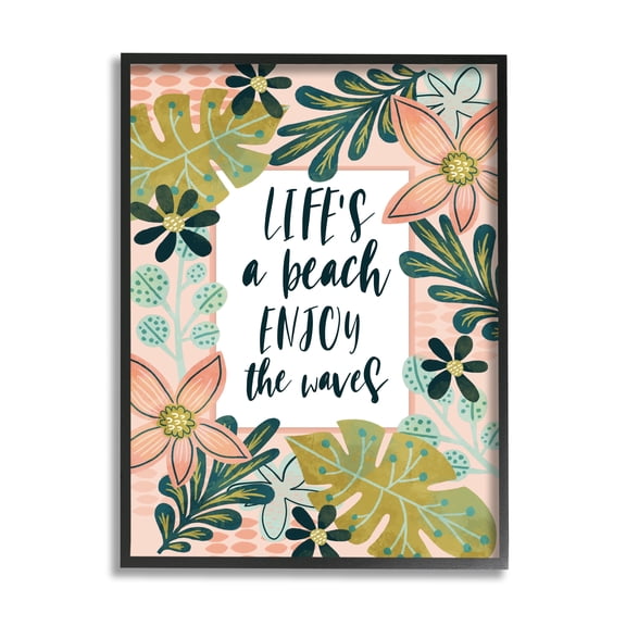 Stupell Industries Life's A Beach Phrase Botanical & Floral Painting Black Framed Art Print Wall Art, 11 x 14