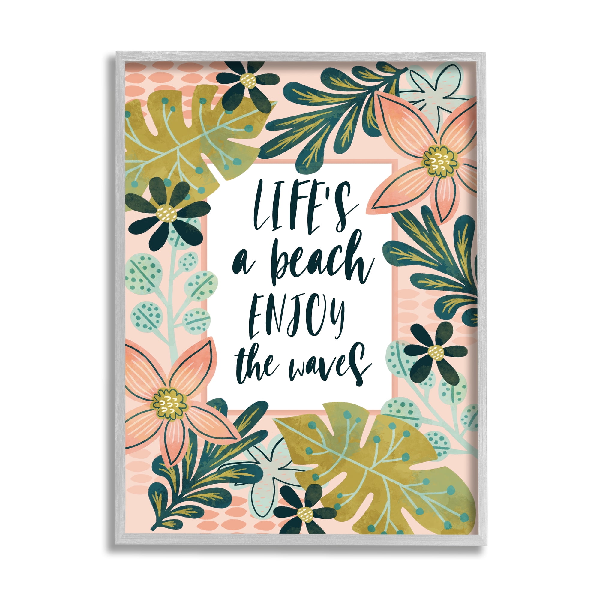 Stupell Industries Life's A Beach Phrase Botanical & Floral Painting Gray Framed Art Print Wall Art, 11 x 14