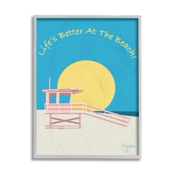 Stupell Industries Life's Better at Beach Phrase Pink Lifeguard Stand Gray Framed by Mark Higden