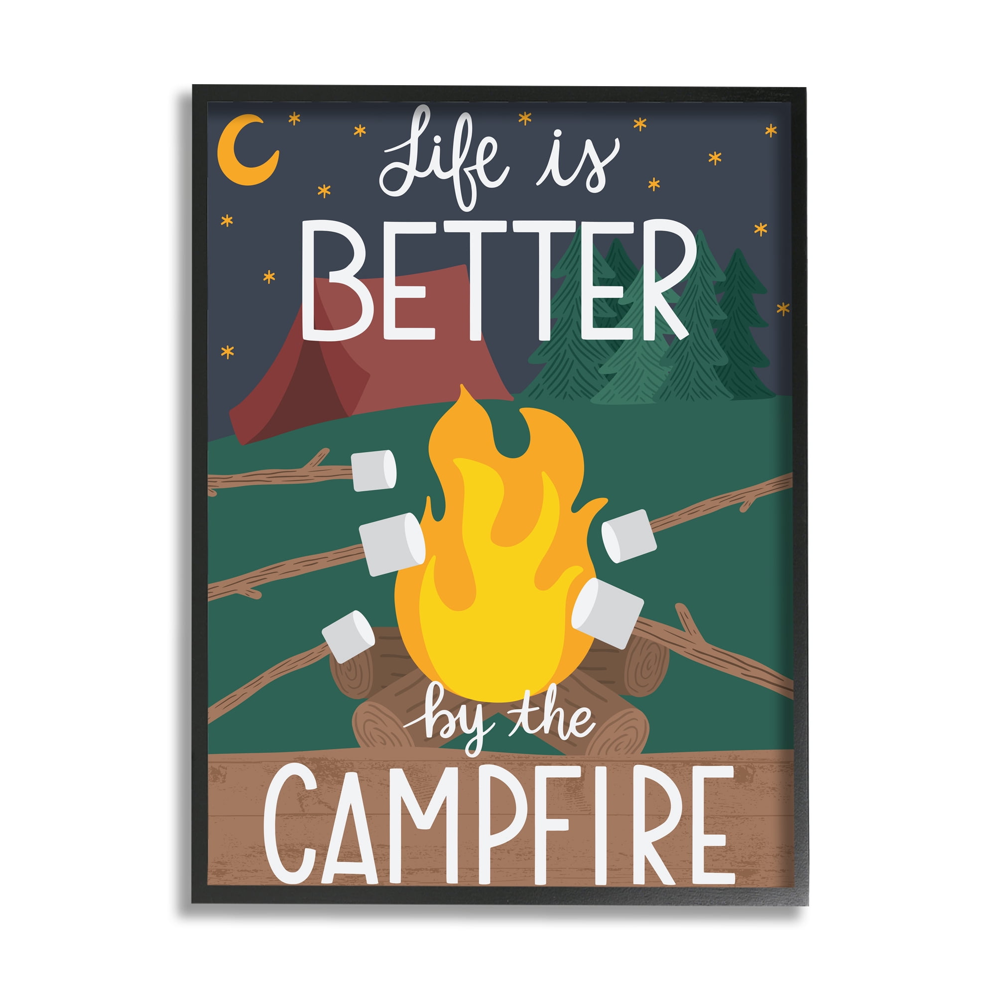 Stupell Industries Life's Better by Campfire Phrase Outdoor Summer Adventure Typography Painting Black Framed Art Print Wall Art, 16 x 20