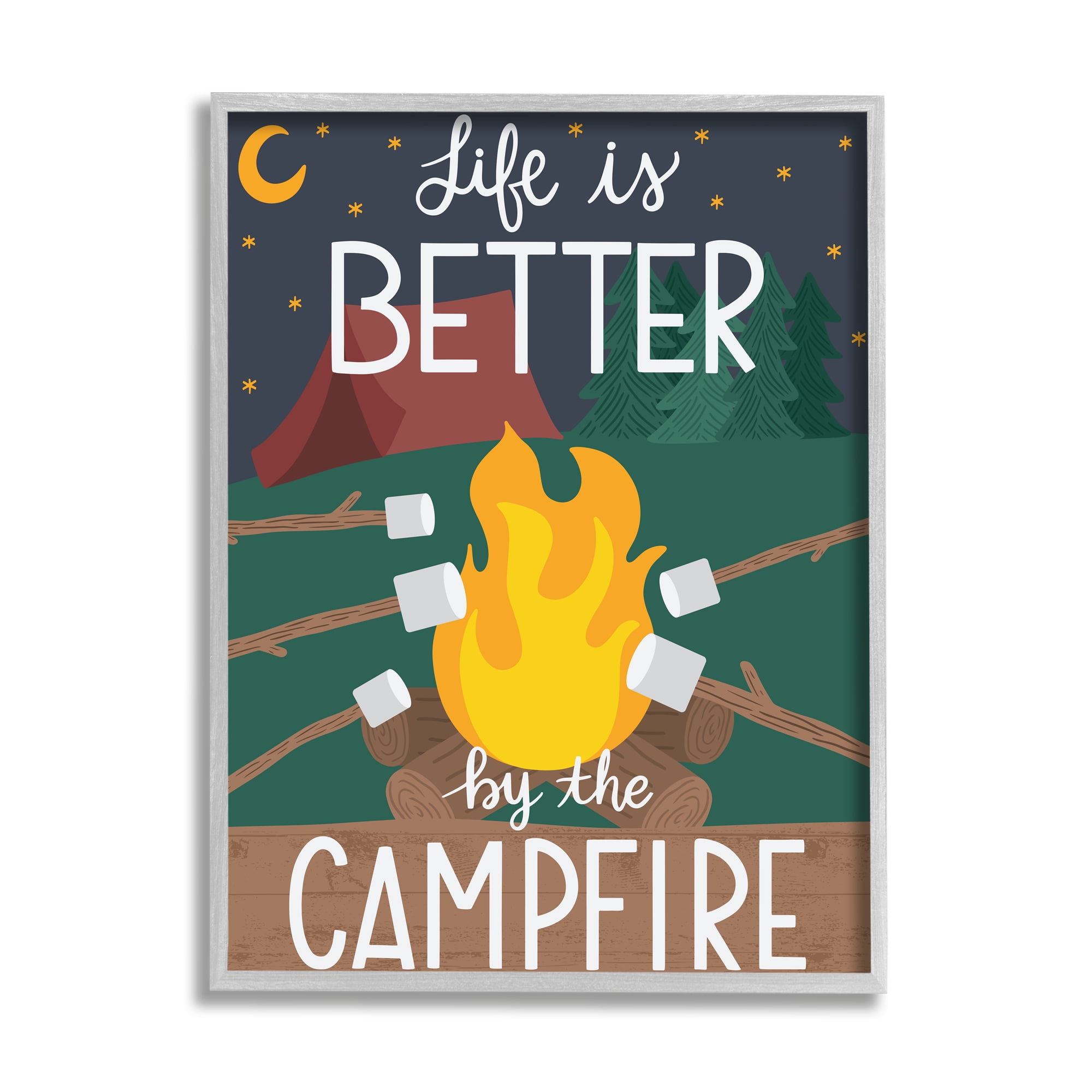 Stupell Industries Life's Better by Campfire Phrase Outdoor Summer Adventure Typography Painting Gray Framed Art Print Wall Art, 24 x 30