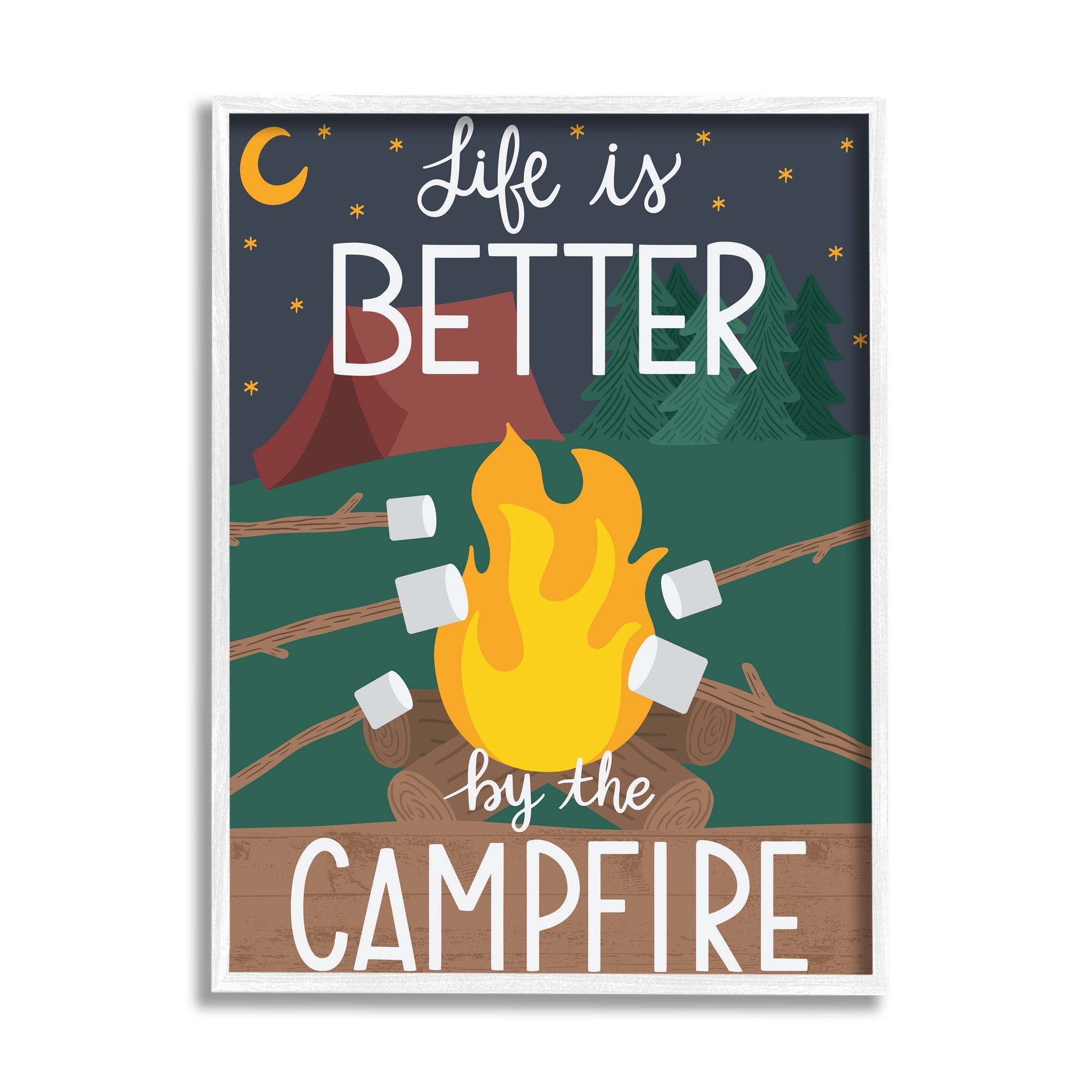 Stupell Industries Life's Better by Campfire Phrase Outdoor Summer Adventure Typography Painting White Framed Art Print Wall Art, 24 x 30