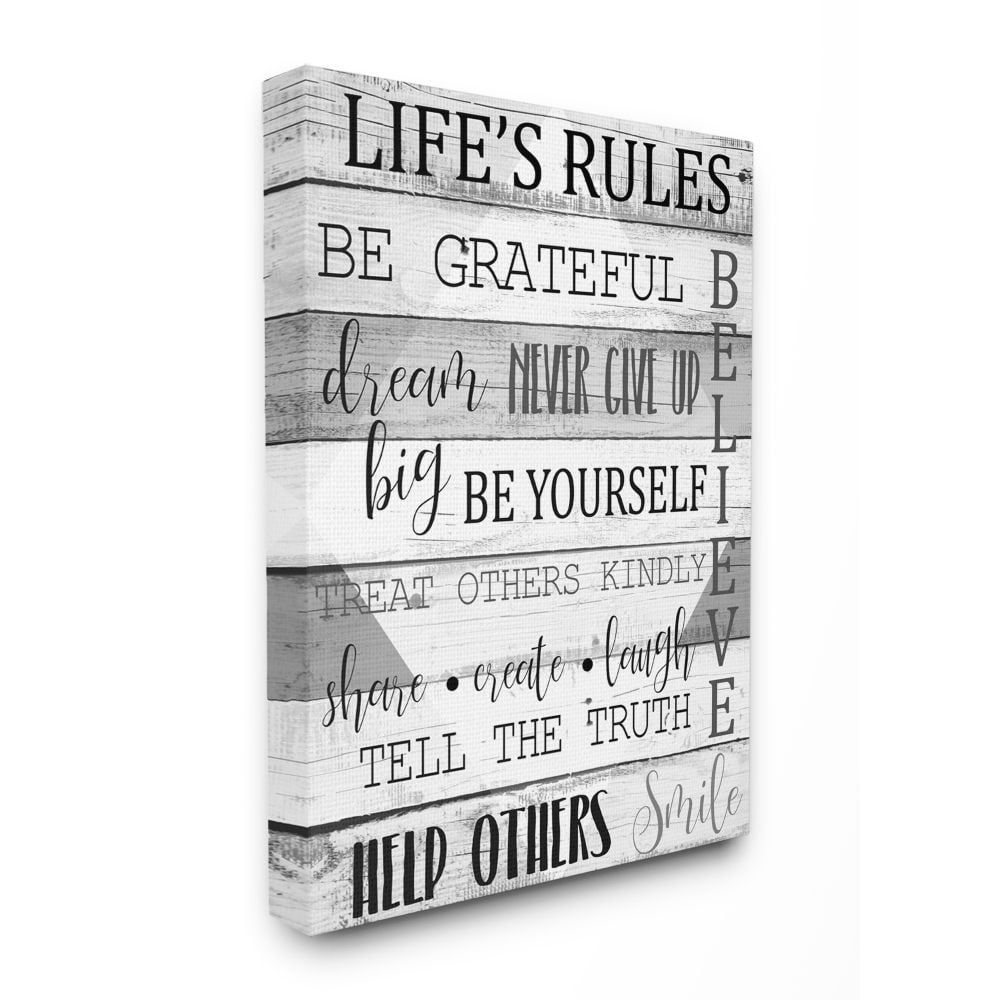 Stupell Industries Life's Rules Phrases on Wood Grain Black White Word Design Canvas Wall Art Design by Kim Allen, 24" x 30"