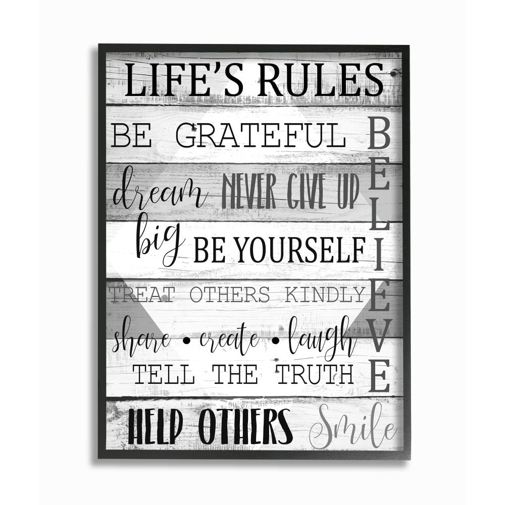 Stupell Industries Life's Rules Phrases on Wood Grain Black White Word Design Framed Wall Art Design by Kim Allen, 24" x 30", Black Framed