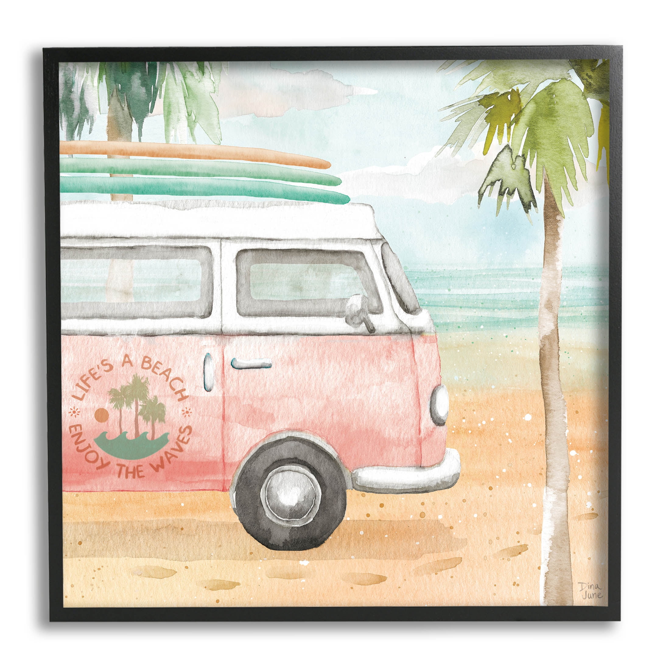 Stupell Industries Life's a Beach Pink Surf Van Painting Black Framed Art Print Wall Art, Design by Dina June