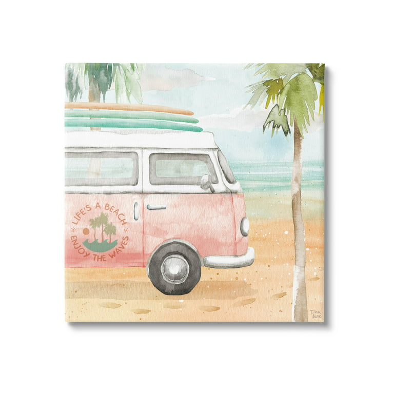 Stupell Industries Life's a Beach Pink Surf Van Painting Gallery Wrapped  Canvas Print Wall Art, Design by Dina June