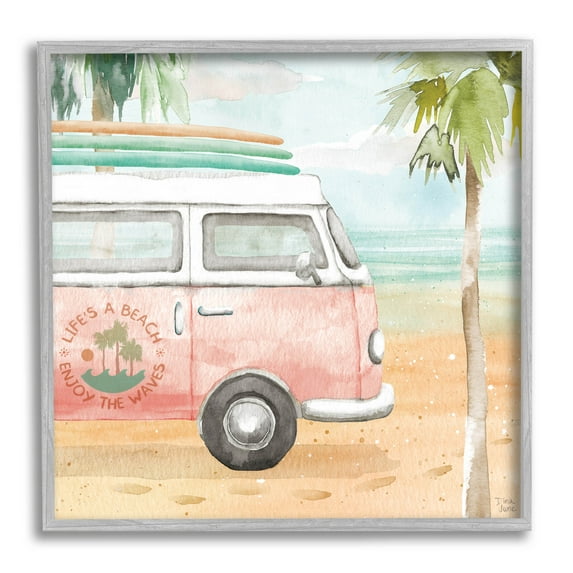 Stupell Industries Life's a Beach Pink Surf Van Painting Gray Framed Art Print Wall Art, Design by Dina June