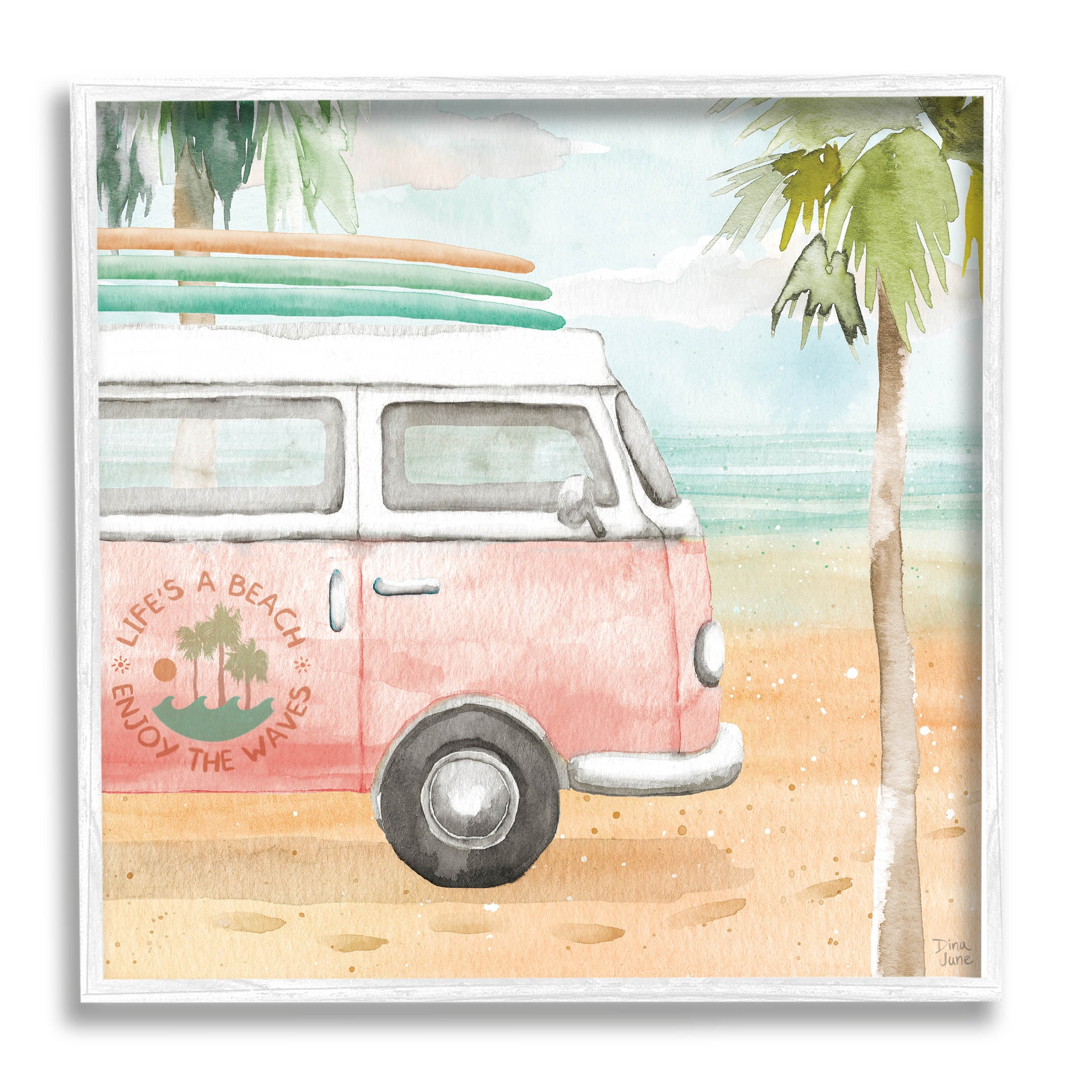 Stupell Industries Life's a Beach Pink Surf Van Painting White Framed Art Print Wall Art, Design by Dina June