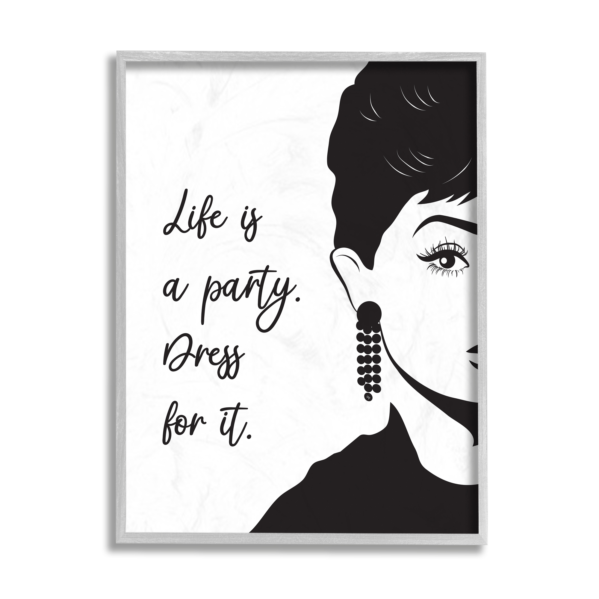 Stupell Industries Life's a Party Glam Fashion Phrase Aubrey Portrait Typography Painting Gray Framed Art Print Wall Art, 11 x 14