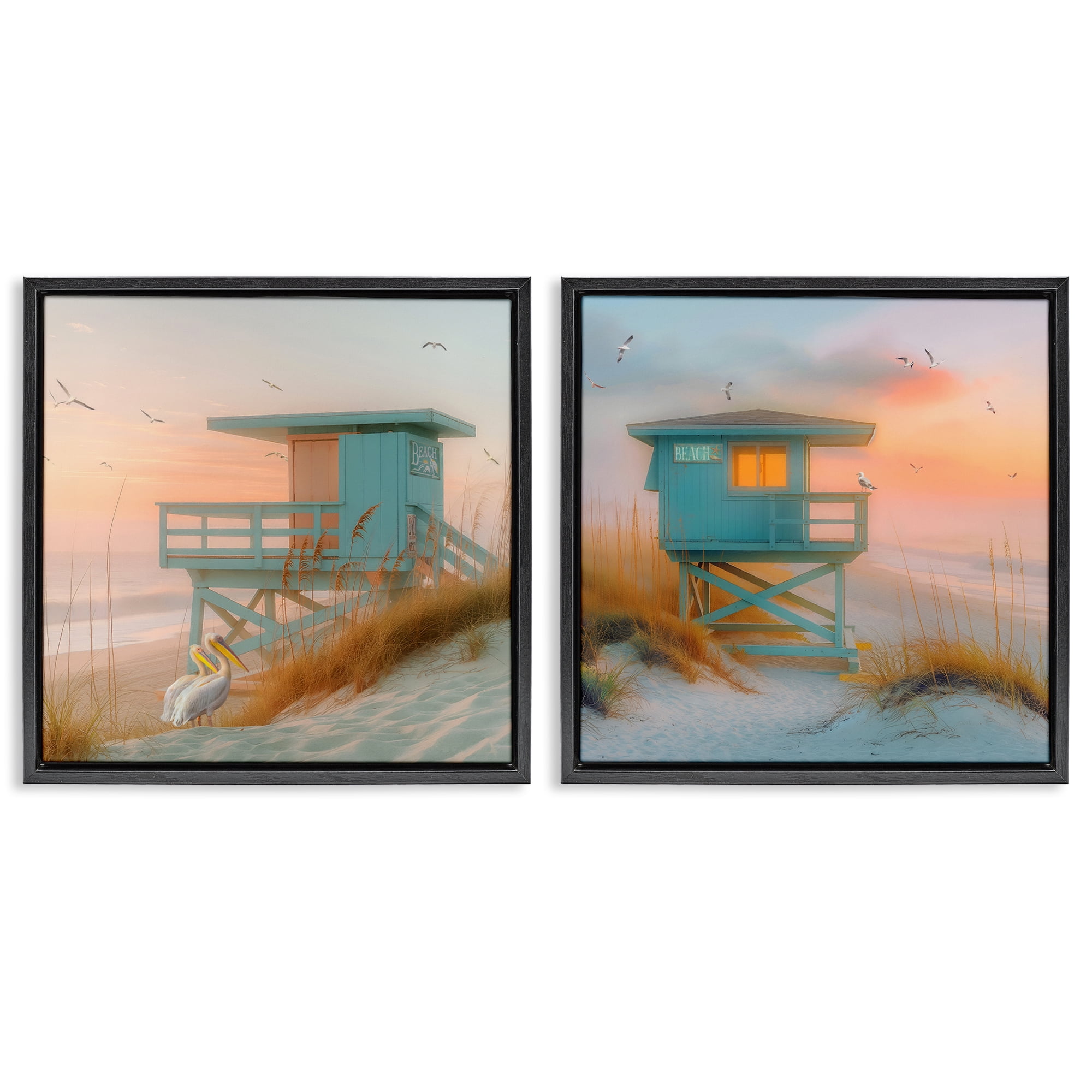 Stupell Industries Lifeguard Beach Hut Pelicans Nautical & Beach Painting Black Floater Framed Canvas Art Print Wall Art, 25 x 25, Set of 2