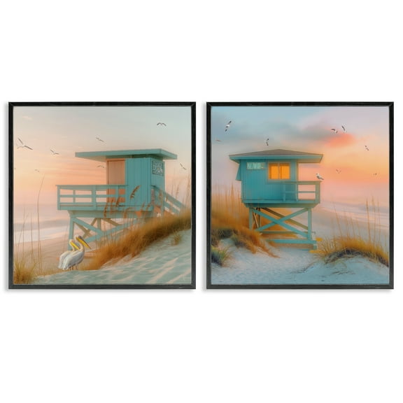 Stupell Industries Lifeguard Beach Hut Pelicans Nautical & Beach Painting Black Framed Art Print Wall Art, 12 x 12, Set of 2